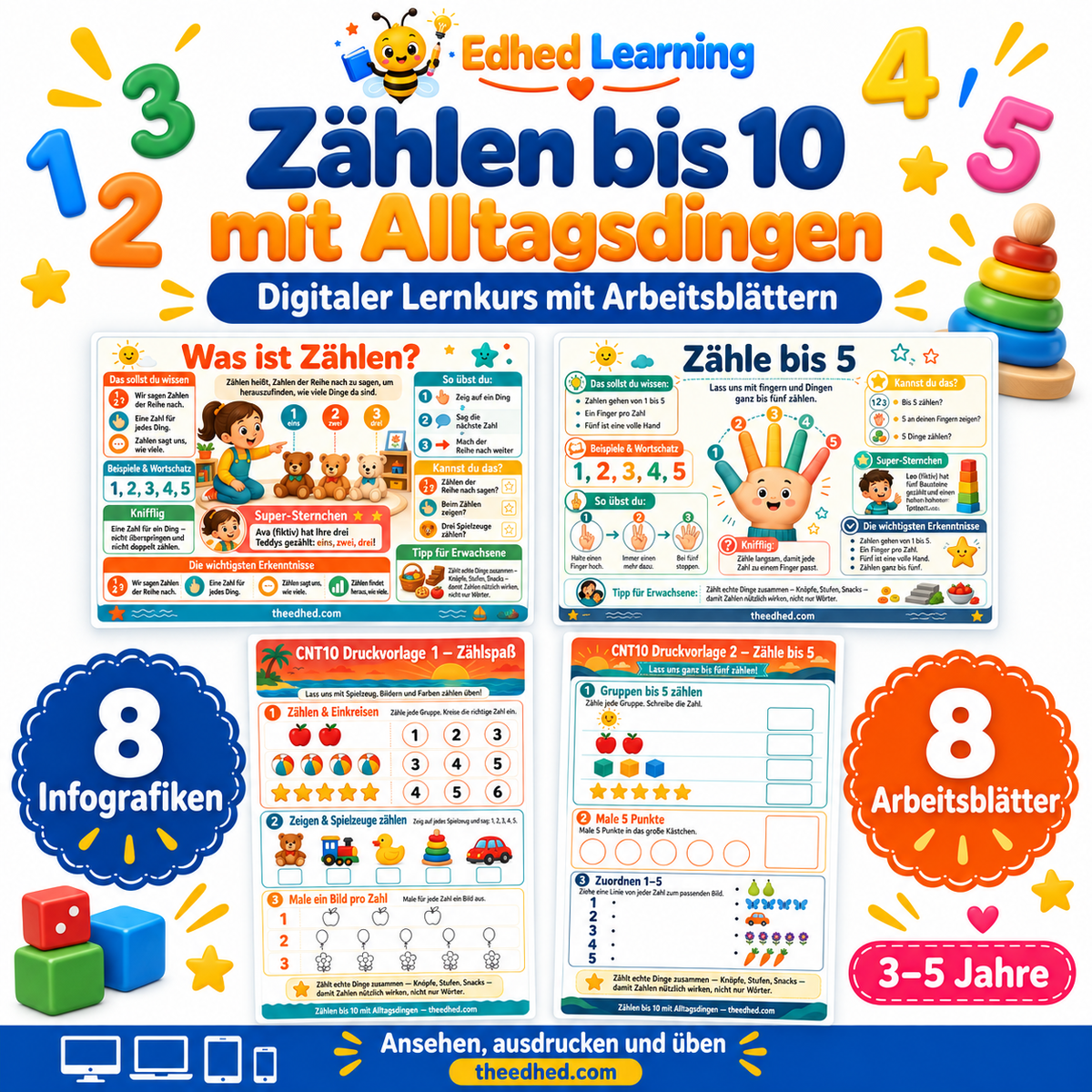 Zählen bis 10 mit Alltagsdingen: Edhed Learning Titelbild mit vier Materialvorschauen