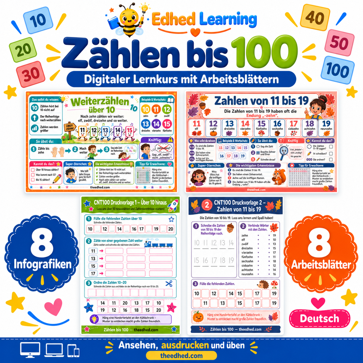 Zählen bis 100: Edhed Learning Titelbild mit vier Materialvorschauen
