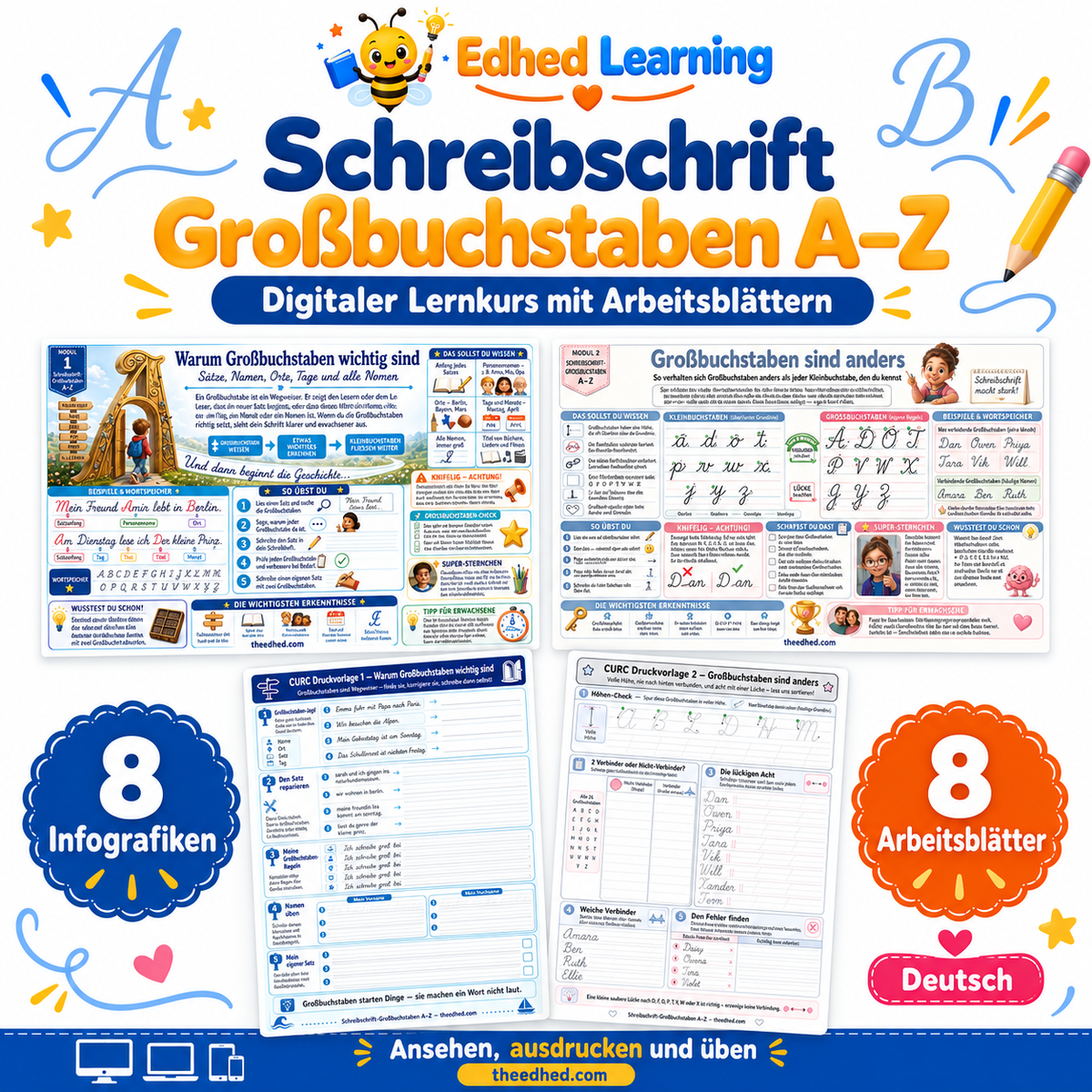 Schreibschrift-Großbuchstaben A–Z: Edhed Learning Titelbild mit vier Materialvorschauen