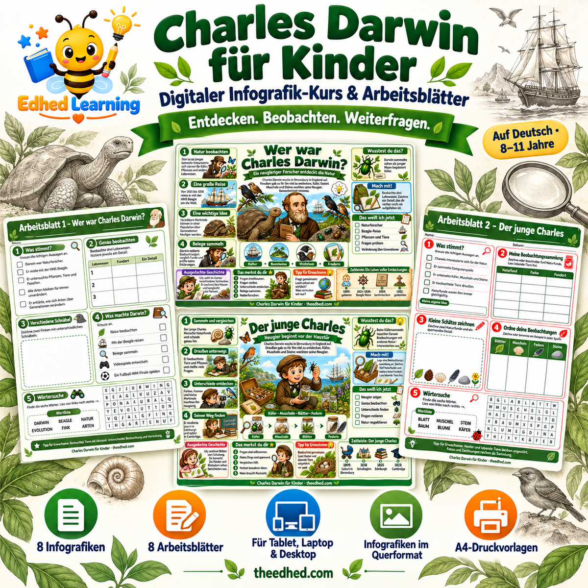 Charles Darwin für Kinder: deutscher Digitalkurs mit acht Infografiken und acht Arbeitsblättern für 8 bis 11 Jahre