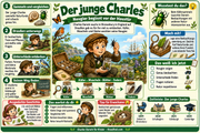 Deutsche Infografik: Der junge Charles Darwin entdeckt Käfer, Muscheln, Blätter und die Natur