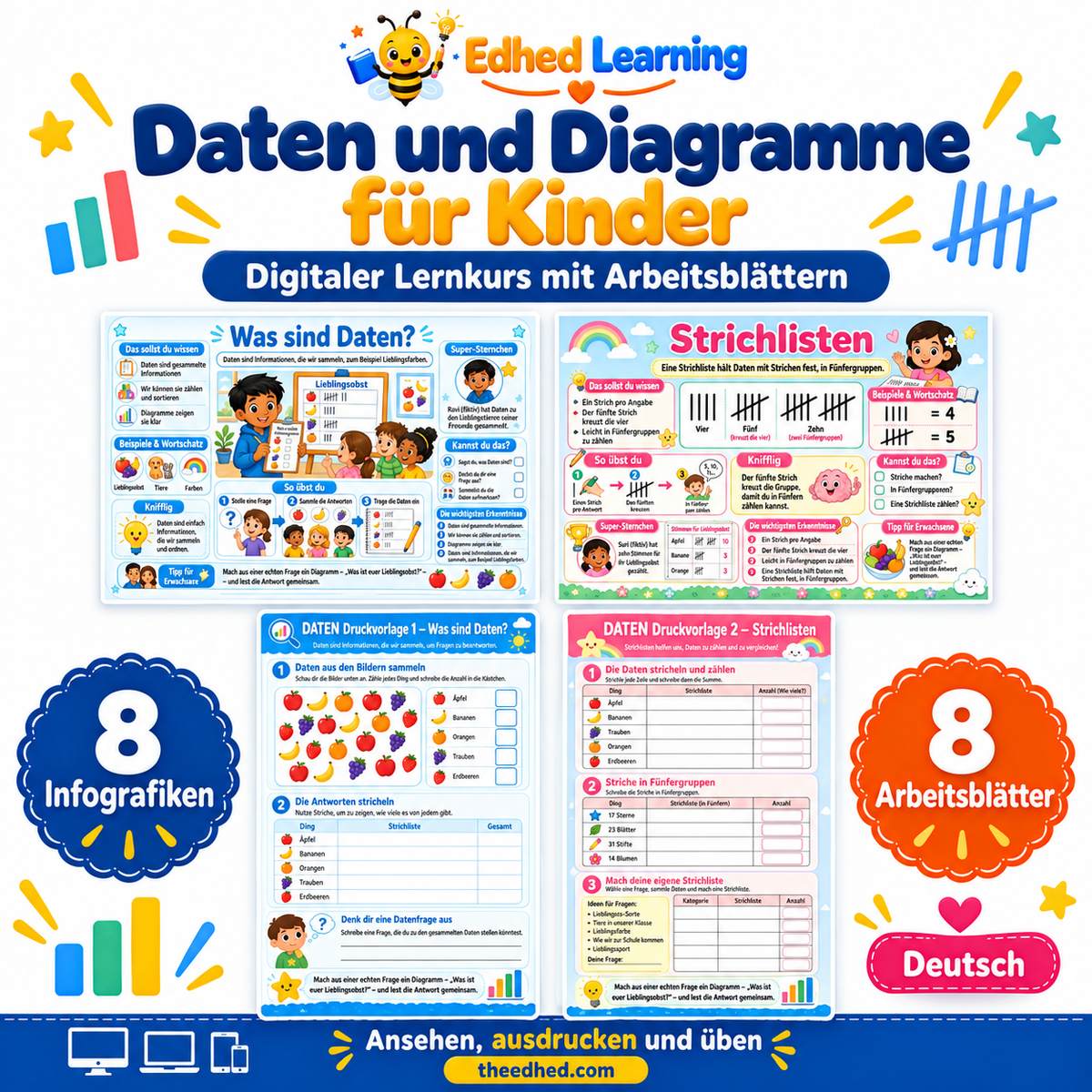 Daten und Diagramme für Kinder: Edhed Learning Titelbild mit vier Materialvorschauen