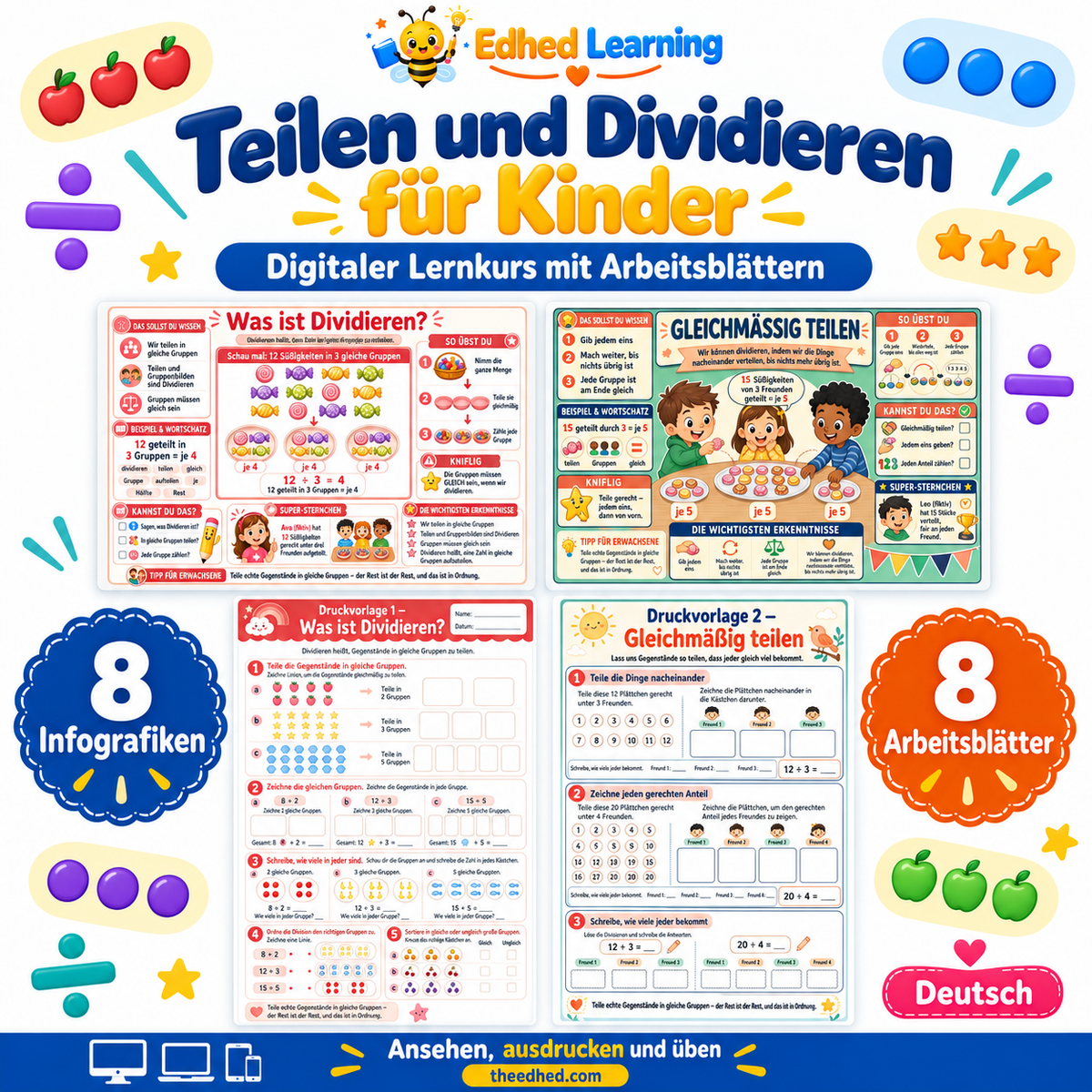 Teilen und Dividieren für Kinder: Edhed Learning Titelbild mit vier Materialvorschauen
