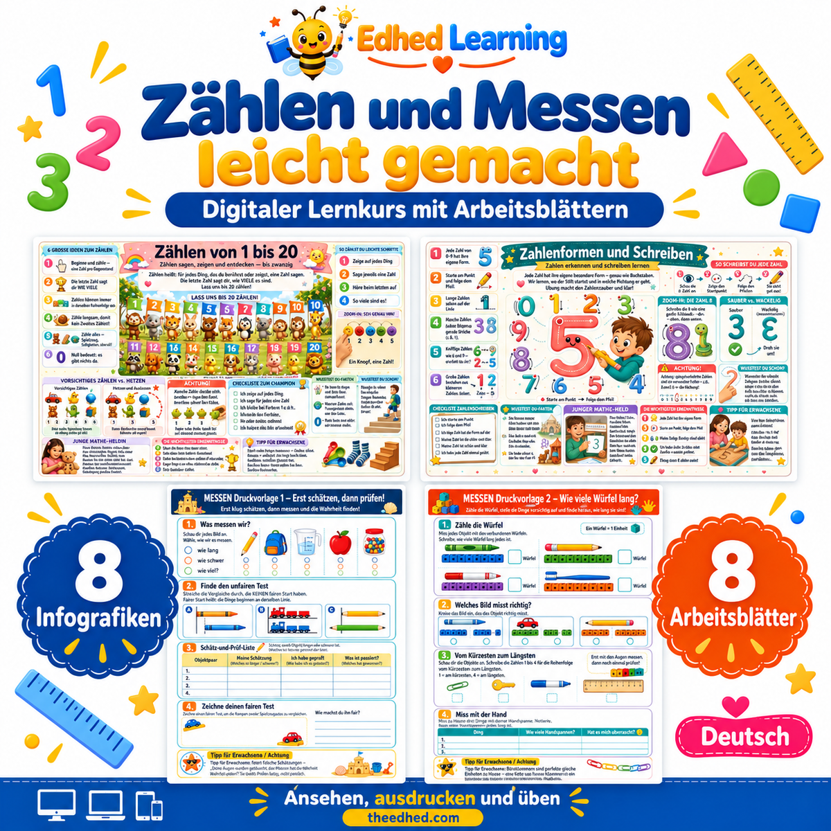Zählen und Messen leicht gemacht: Edhed Learning Titelbild mit vier Materialvorschauen