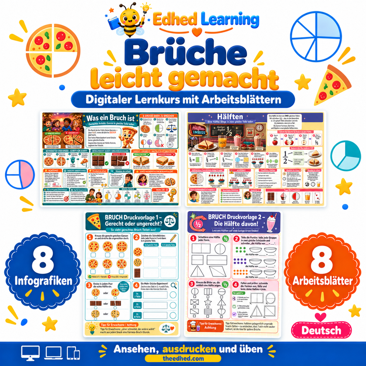 Brüche leicht gemacht: Edhed Learning Titelbild mit vier Materialvorschauen