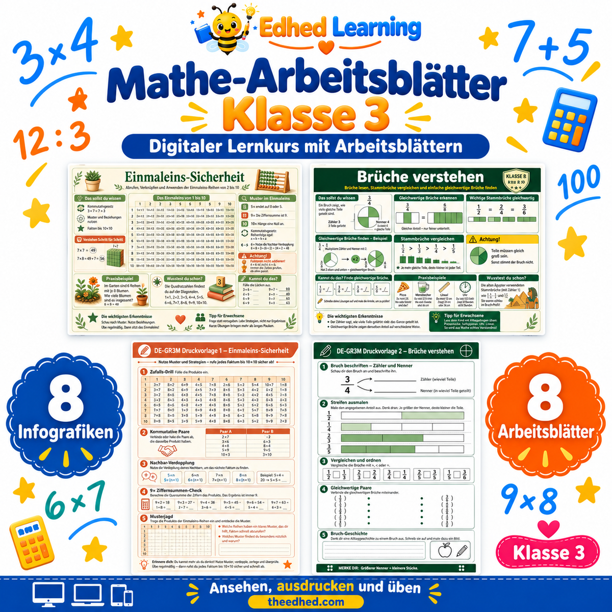 Mathe-Arbeitsblätter Klasse 3: Edhed Learning Titelbild mit vier Materialvorschauen