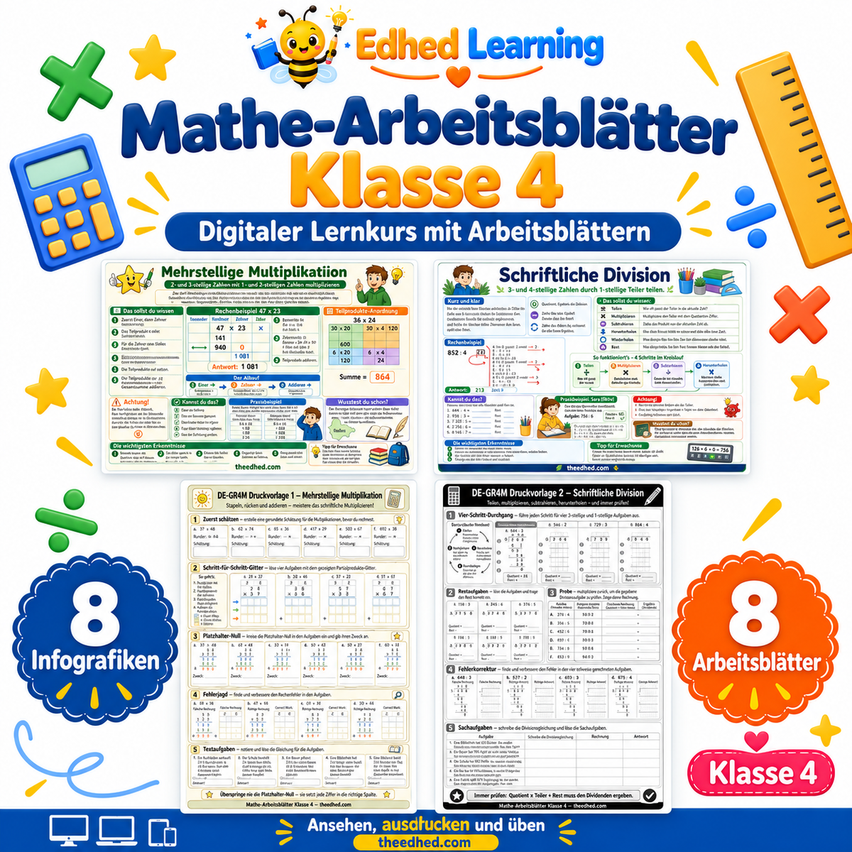 Mathe-Arbeitsblätter Klasse 4: Edhed Learning Titelbild mit vier Materialvorschauen
