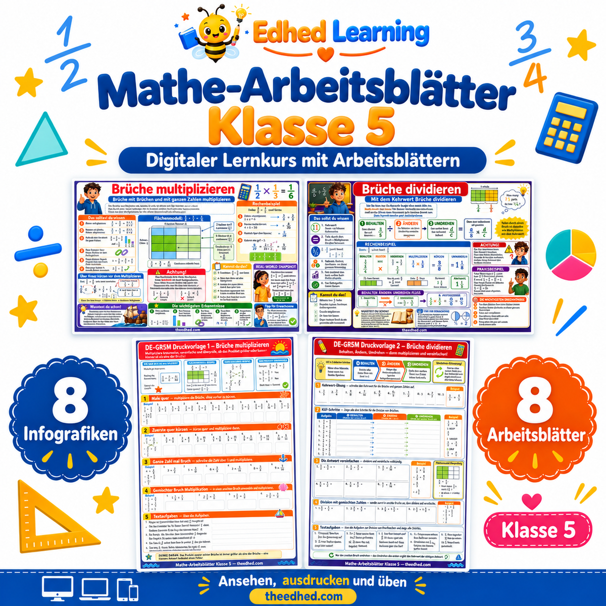 Mathe-Arbeitsblätter Klasse 5: Edhed Learning Titelbild mit vier Materialvorschauen