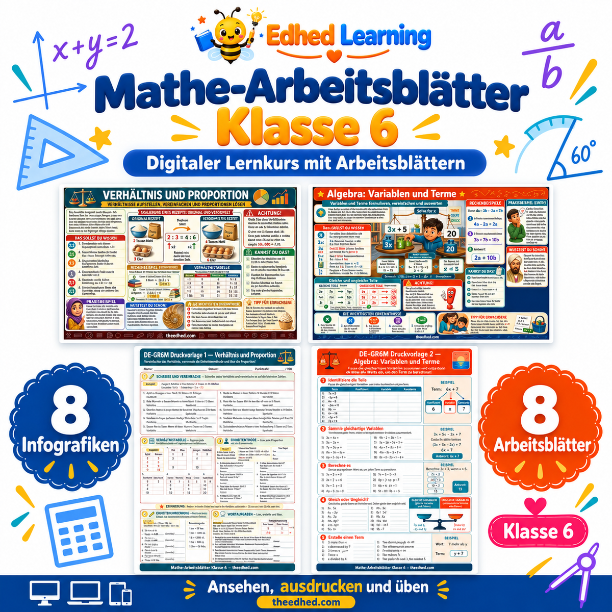 Mathe-Arbeitsblätter Klasse 6: Edhed Learning Titelbild mit vier Materialvorschauen
