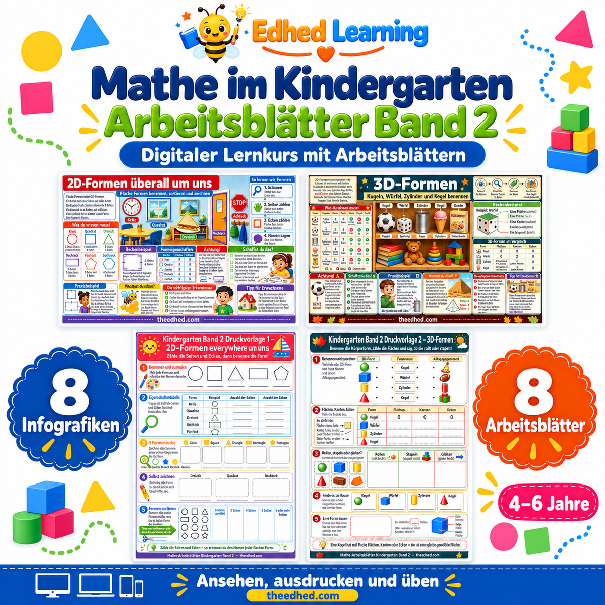 Mathe im Kindergarten: Arbeitsblätter Band 2: Edhed Learning Titelbild mit vier Materialvorschauen