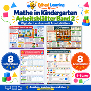 Mathe im Kindergarten: Arbeitsblätter Band 2: Edhed Learning Titelbild mit vier Materialvorschauen