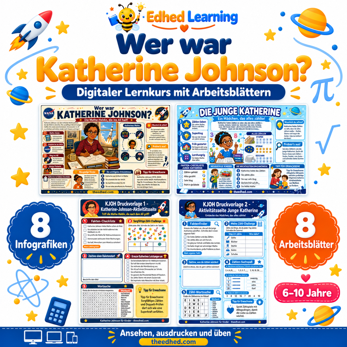 Wer war Katherine Johnson? Lernkurs für Kinder: Edhed Learning Titelbild mit vier Materialvorschauen