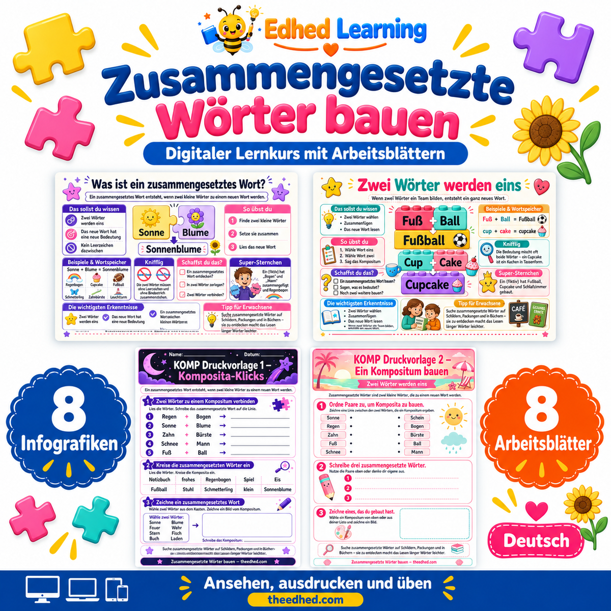 Zusammengesetzte Wörter bauen: Edhed Learning Titelbild mit vier Materialvorschauen