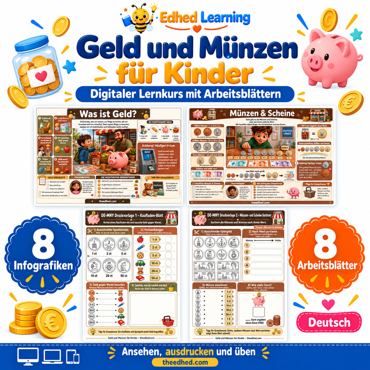 Geld und Münzen für Kinder: Edhed Learning Titelbild mit vier Materialvorschauen
