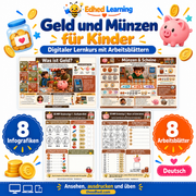 Geld und Münzen für Kinder: Edhed Learning Titelbild mit vier Materialvorschauen