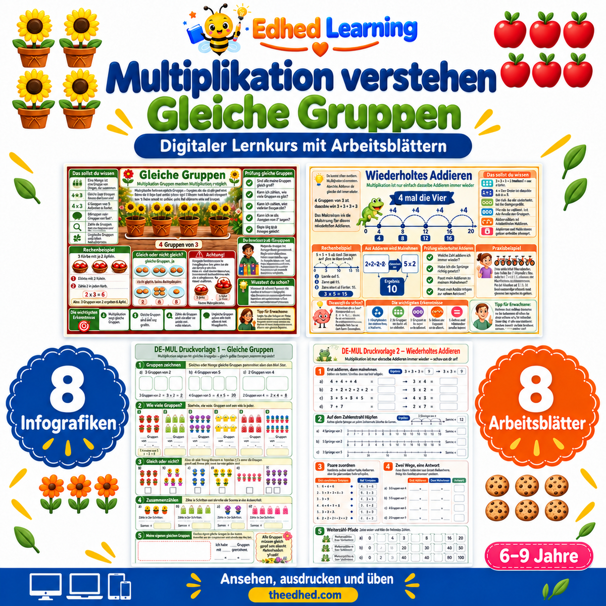 Multiplikation verstehen: Gleiche Gruppen: Edhed Learning Titelbild mit vier Materialvorschauen