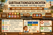 Infografik „Subtraktionsgeschichten“ aus dem Kurs Textaufgaben Klasse 1
