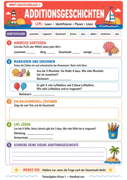 Arbeitsblatt „Additionsgeschichten“ aus dem Kurs Textaufgaben Klasse 1