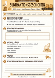Arbeitsblatt „Subtraktionsgeschichten“ aus dem Kurs Textaufgaben Klasse 1