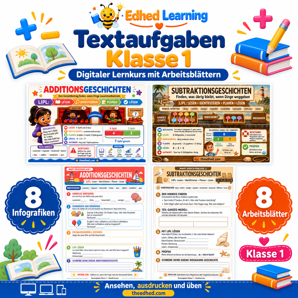 Textaufgaben Klasse 1: Edhed Learning Titelbild mit vier Materialvorschauen