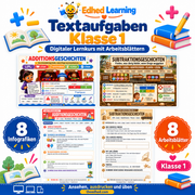 Textaufgaben Klasse 1: Edhed Learning Titelbild mit vier Materialvorschauen