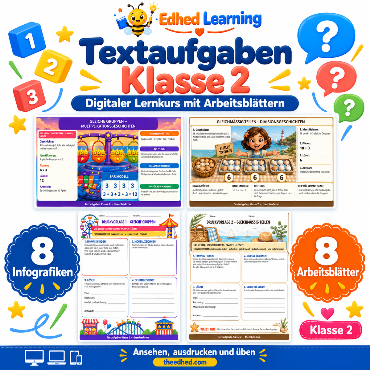Textaufgaben Klasse 2: Edhed Learning Titelbild mit vier Materialvorschauen
