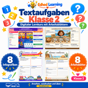 Textaufgaben Klasse 2: Edhed Learning Titelbild mit vier Materialvorschauen