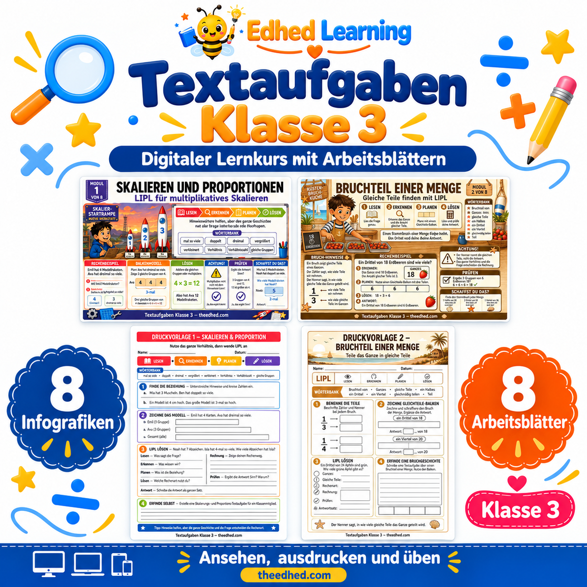 Textaufgaben Klasse 3: Edhed Learning Titelbild mit vier Materialvorschauen
