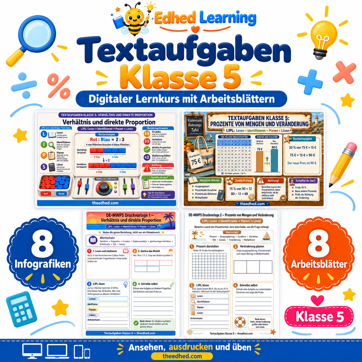 Textaufgaben Klasse 5: Edhed Learning Titelbild mit vier Materialvorschauen