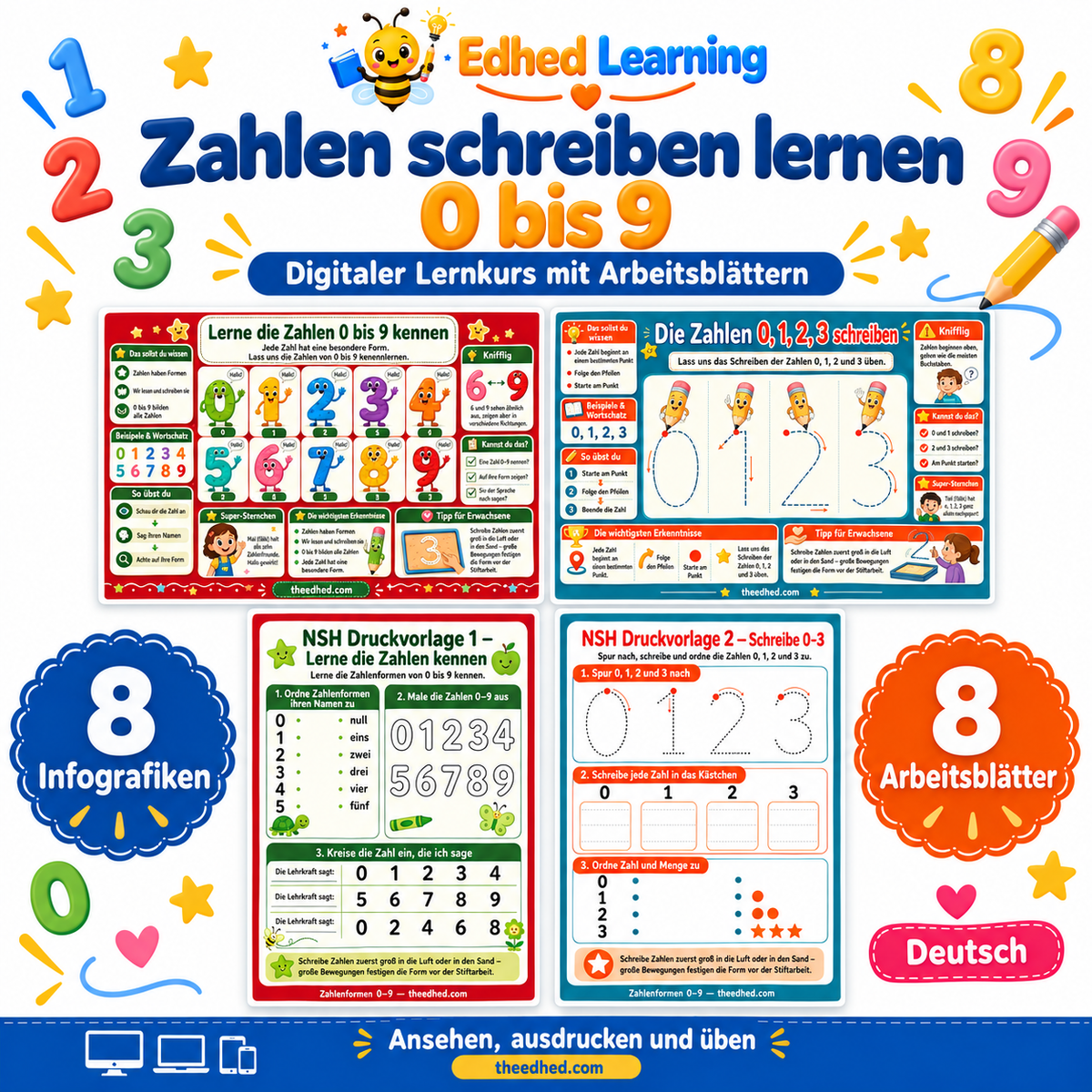 Zahlen schreiben lernen: 0 bis 9: Edhed Learning Titelbild mit vier Materialvorschauen