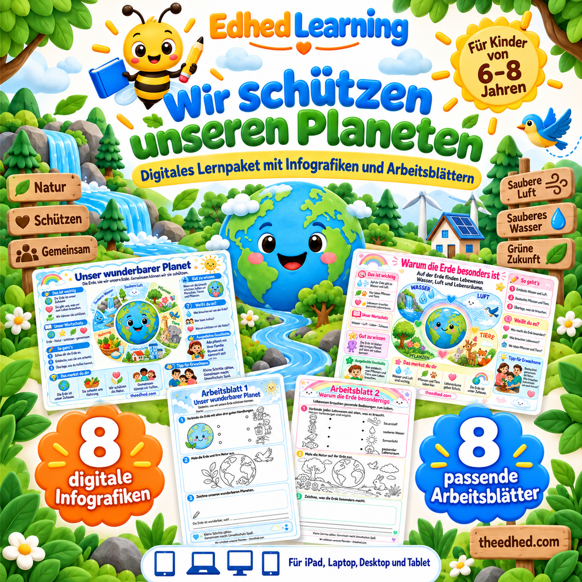 Wir schützen unseren Planeten – deutsches Lernpaket mit 8 Infografiken und 8 Arbeitsblättern für Kinder von 6–8 Jahren
