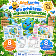Wir schützen unseren Planeten – deutsches Lernpaket mit 8 Infografiken und 8 Arbeitsblättern für Kinder von 6–8 Jahren