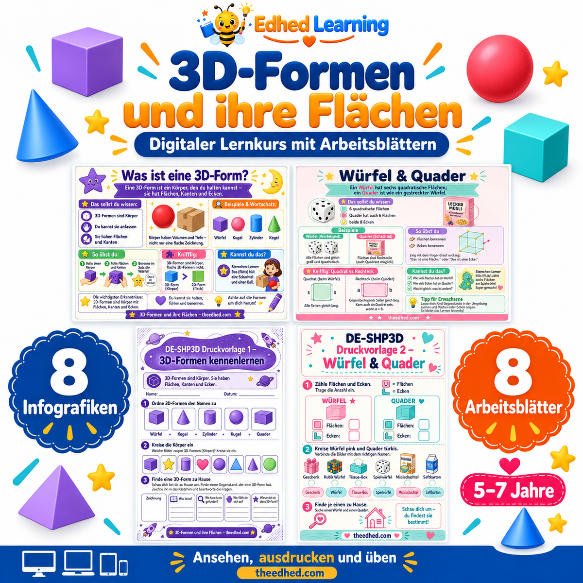 3D-Formen und ihre Flächen: Edhed Learning Titelbild mit vier Materialvorschauen