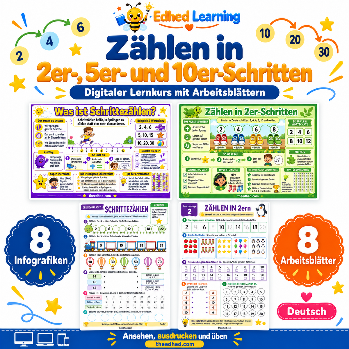 Zählen in 2er-, 5er- und 10er-Schritten: Edhed Learning Titelbild mit vier Materialvorschauen