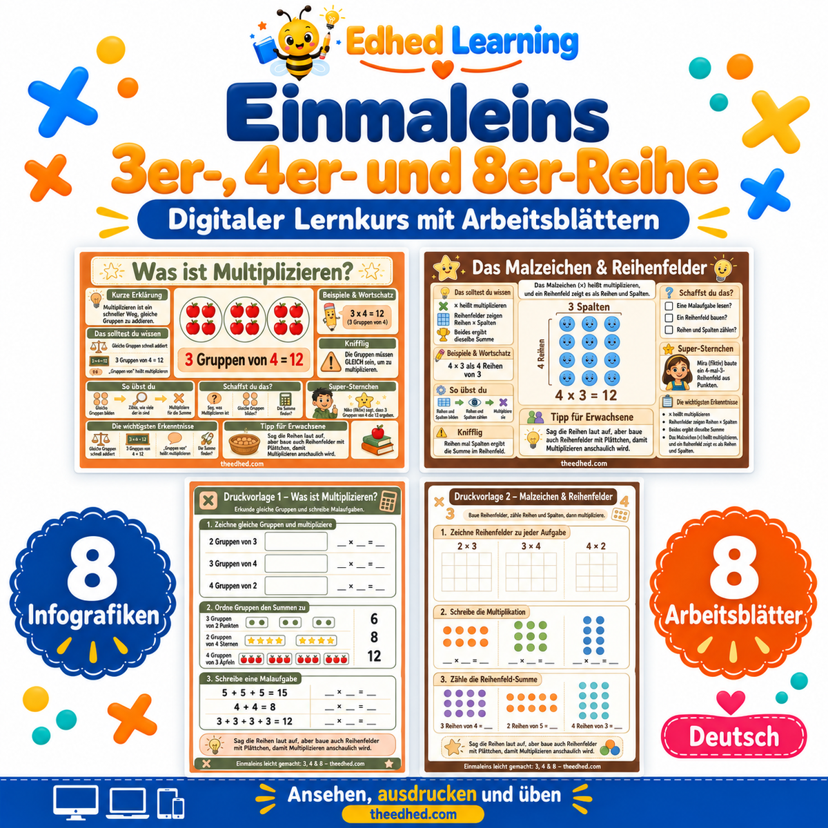 Einmaleins: 3er-, 4er- und 8er-Reihe: Edhed Learning Titelbild mit vier Materialvorschauen