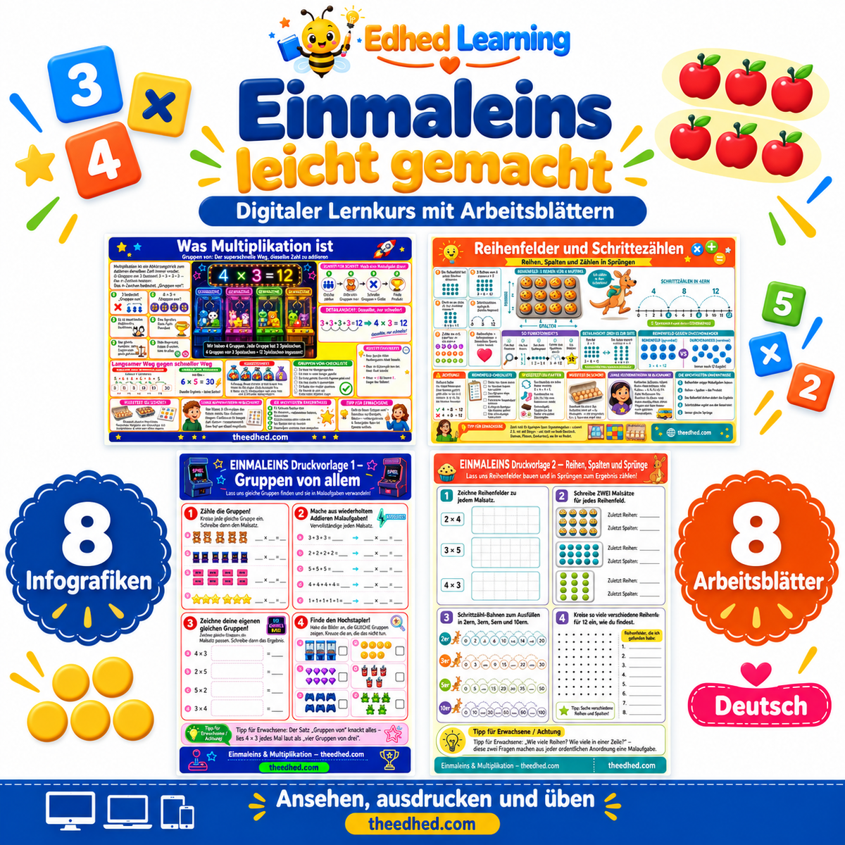 Einmaleins leicht gemacht: Edhed Learning Titelbild mit vier Materialvorschauen