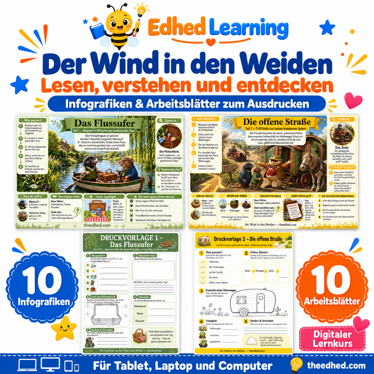 Der Wind in den Weiden – Arbeitsblätter und Lesekurs – Edhed Learning: 10 Infografiken und 10 Arbeitsblätter