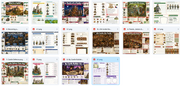 Grid of screenshots from a game or application interface with various scenes and text.
