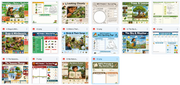Grid of educational nature-themed worksheets and activities on a white background