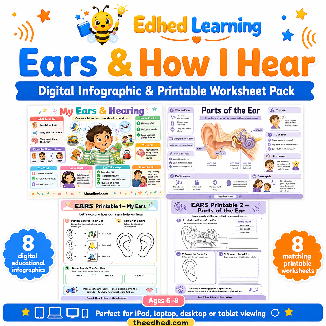 Ears and How I Hear digital course with 8 educational infographics and 8 printable worksheets for ages 6 to 8