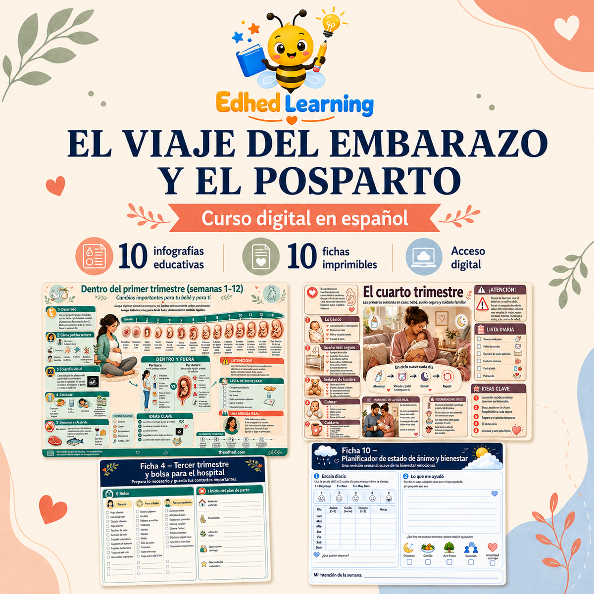 Portada del curso El viaje del embarazo y el posparto con 10 infografías y 10 fichas imprimibles