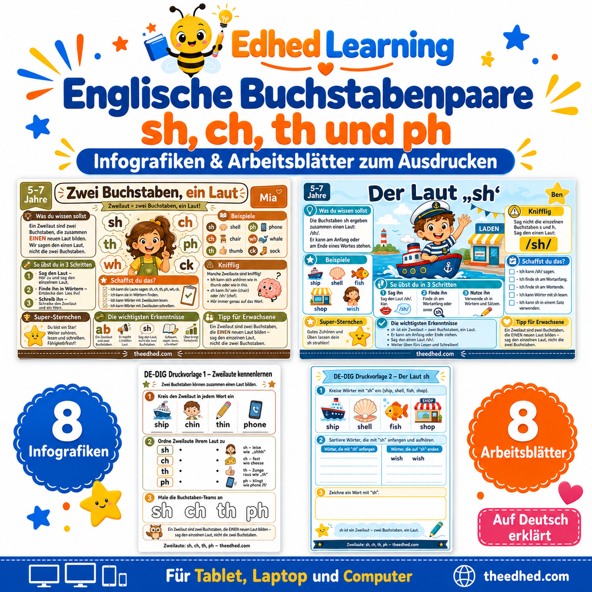 Englische Buchstabenpaare sh, ch, th, ph – Arbeitsblätter – Edhed Learning: 8 Infografiken und 8 Arbeitsblätter