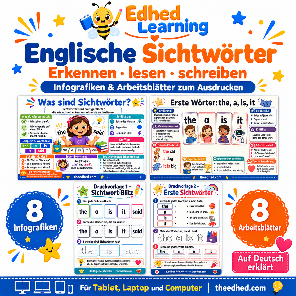 Englische Sichtwörter üben – Arbeitsblätter für Kinder – Edhed Learning: 8 Infografiken und 8 Arbeitsblätter