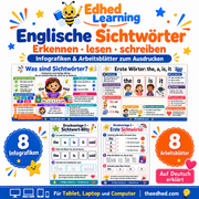 Englische Sichtwörter üben – Arbeitsblätter für Kinder – Edhed Learning: 8 Infografiken und 8 Arbeitsblätter