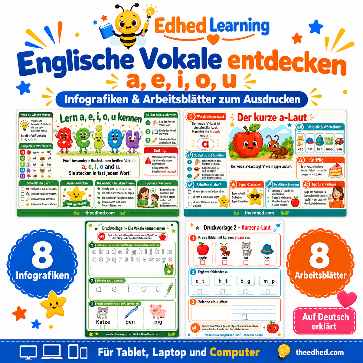 Englische Vokale a, e, i, o, u – Infografiken und Arbeitsblätter – Edhed Learning: 8 Infografiken und 8 Arbeitsblätter