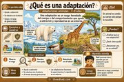 Infografía 1 en español: qué es una adaptación, con ejemplos de oso polar, jirafa, pato y lagarto.