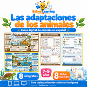Las adaptaciones de los animales: curso en español para 7–9 años con 8 infografías y 8 fichas imprimibles.