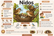 Infografía en español sobre nidos: materiales, huevos, polluelos y otros animales que hacen nidos.