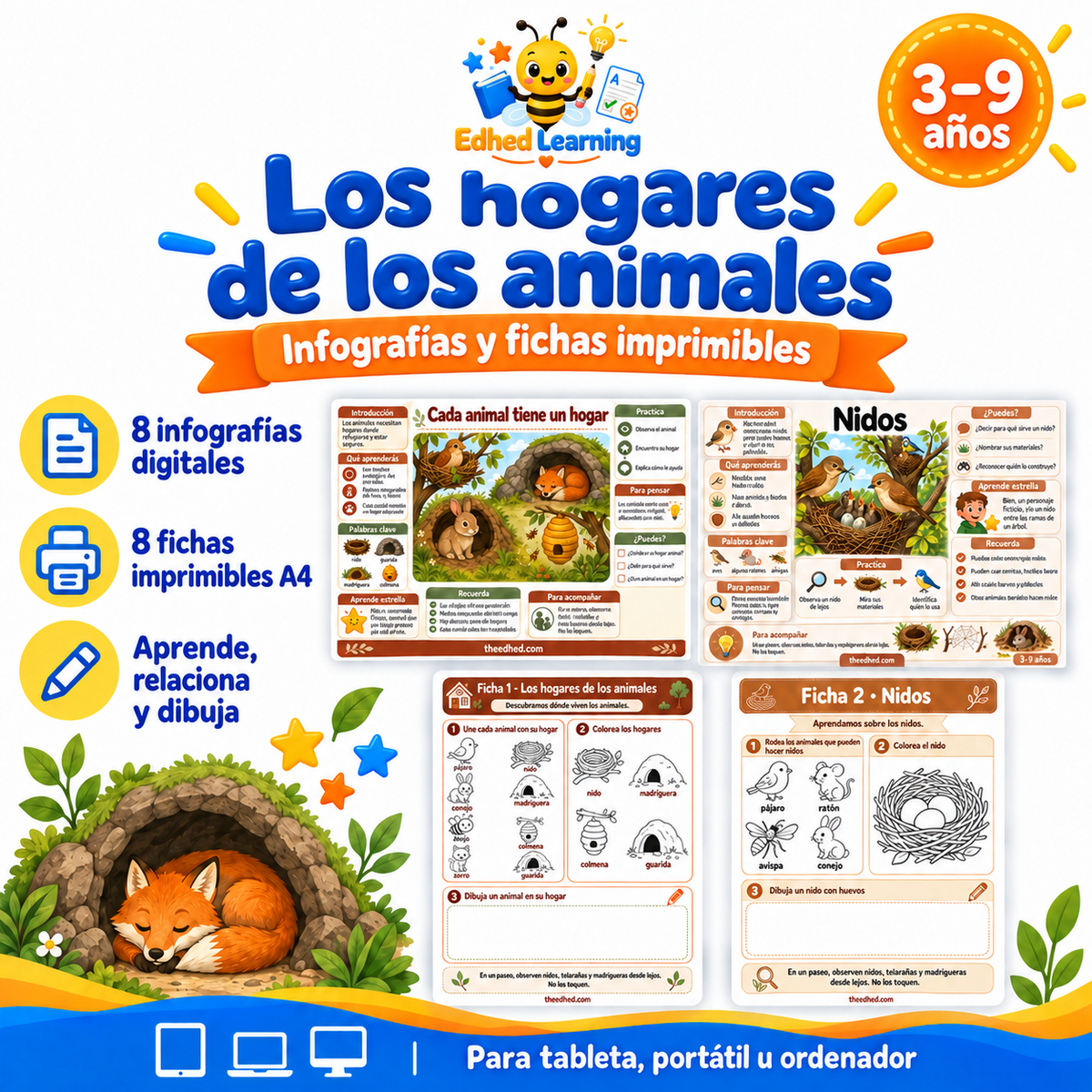 Los hogares de los animales: curso en español para niños de 3–9 años, con 8 infografías y 8 fichas imprimibles A4 de Edhed Learning.