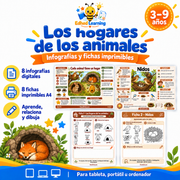 Los hogares de los animales: curso en español para niños de 3–9 años, con 8 infografías y 8 fichas imprimibles A4 de Edhed Learning.